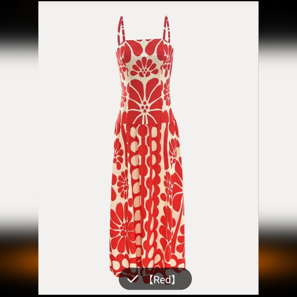 Red And White Designed Dropped Waist Maxi Dresd - Picture 3 of 11